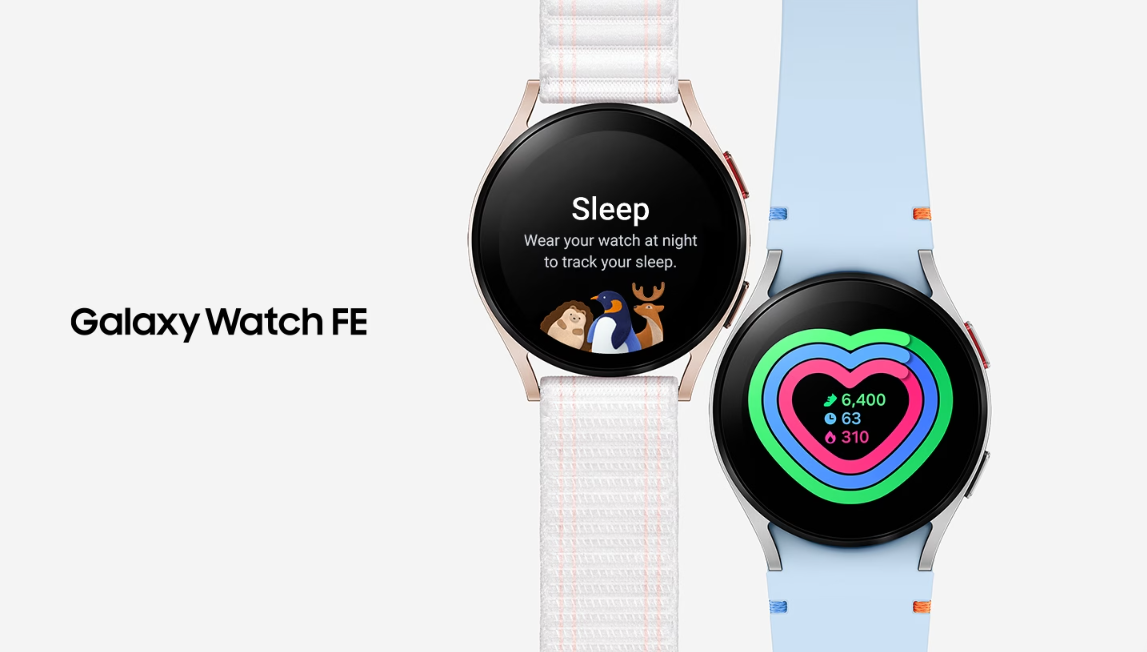 Montre connectée Samsung Galaxy Watch FE Bluetooth 40mm : deux modèles côte à côte, un avec écran affichant le suivi du sommeil, l'autre avec suivi d'activité physique.